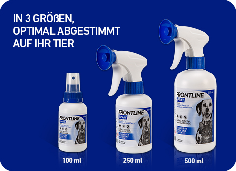 Frontline Spray gibt es in drei Größen, abgestimmt auf das Gewicht von Hund oder Katze.