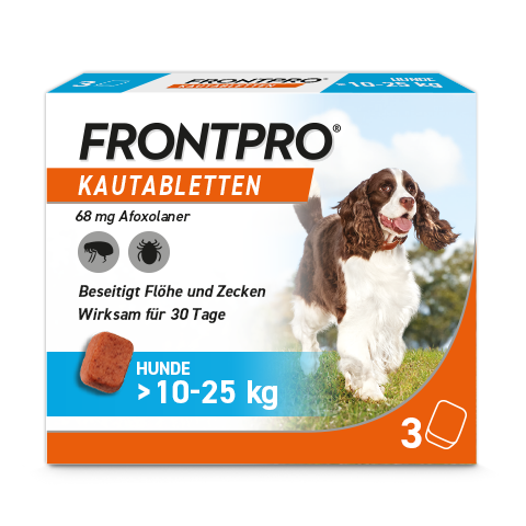 FRONTPRO ist als Zeckentablette und Flohtablette für Hunde von 10-25kg geeignet.