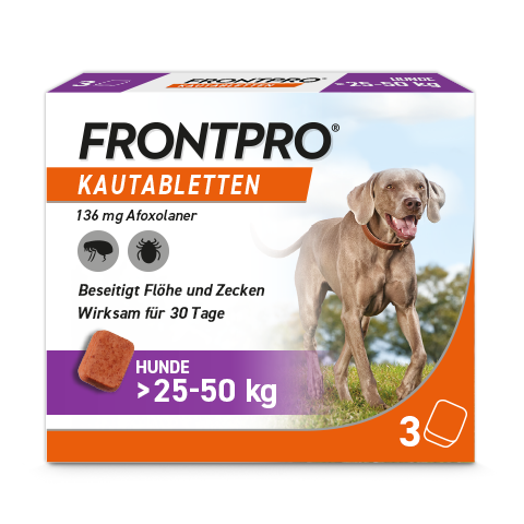 Frontpro eignet sich für Hunde von 25-50 kg - bei Hunden über 50kg kann eine Kombination verschiedener Frontpro-Tabletten genutzt werden.