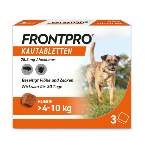 Die Frontpro-Kautablette gegen Zecken und Flöhe kann bei kleinen Hunden von 4-10kg monatlich angewendet werden.